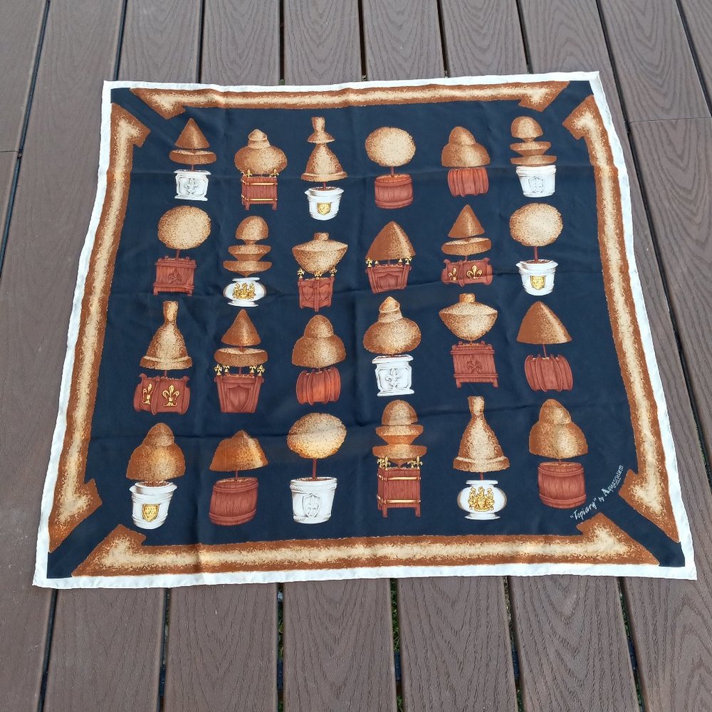 Vintage Aquascutum of London Black Silk Topiary Pattern Scarf